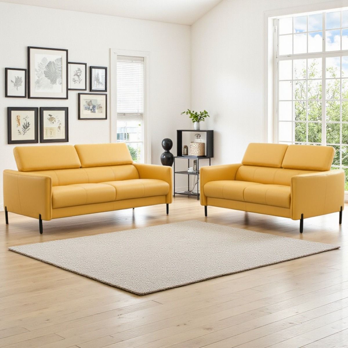 Pisa keltainen nahkasohvakalusto 3+2 jossa upea keltainen verhoilunahka