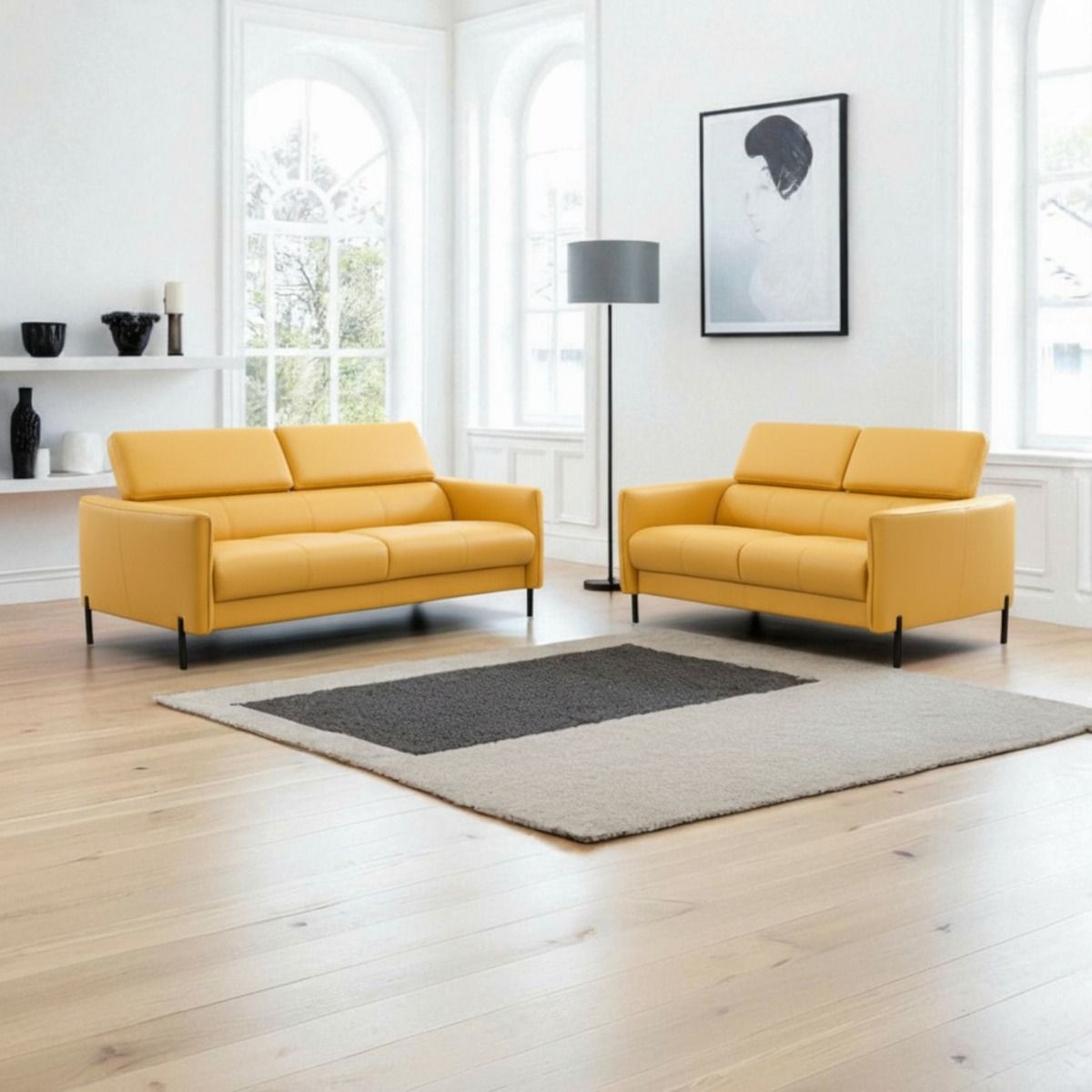 Pisa keltainen sohvakalusto 3+2 nahkaa