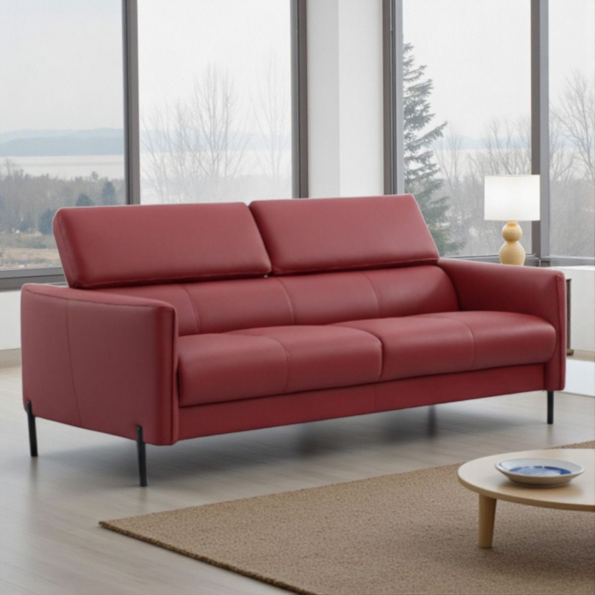 Punainen nahkasohva kuvattu olohuoneessa