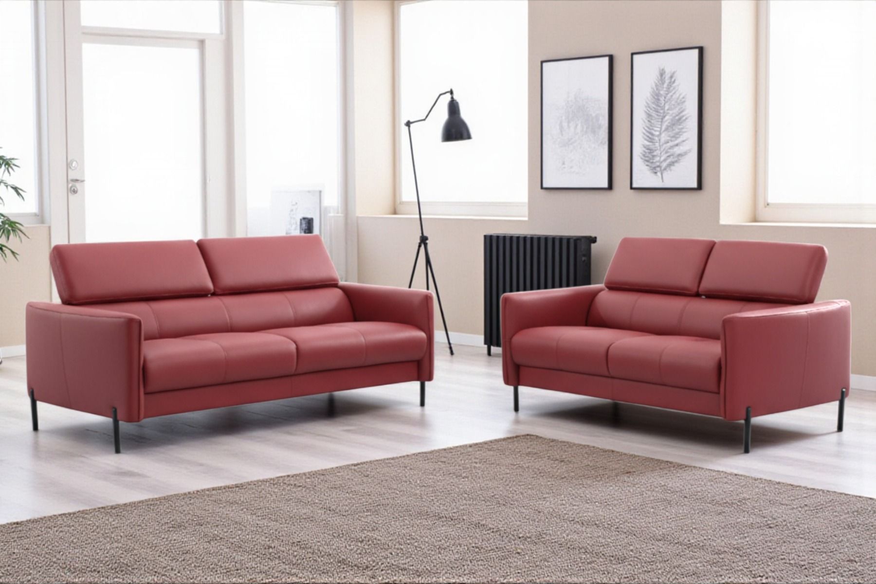 Punainen nahkasohva sohvakalusto 3+2 jossa on punainen nahkaverhoilu