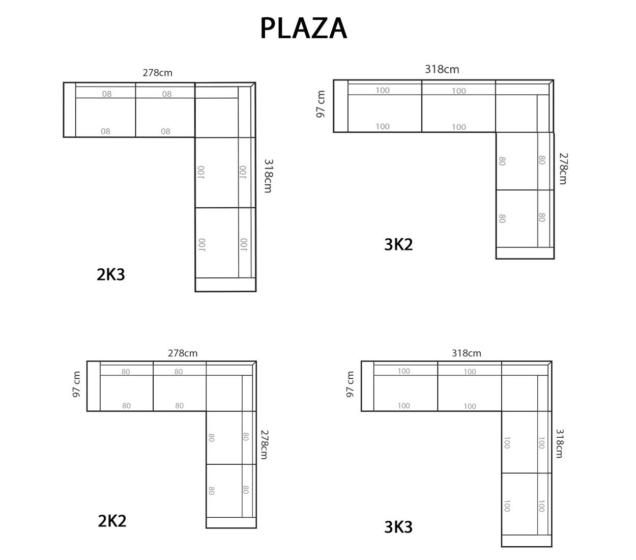 Plaza kulmasohva, eri värejä