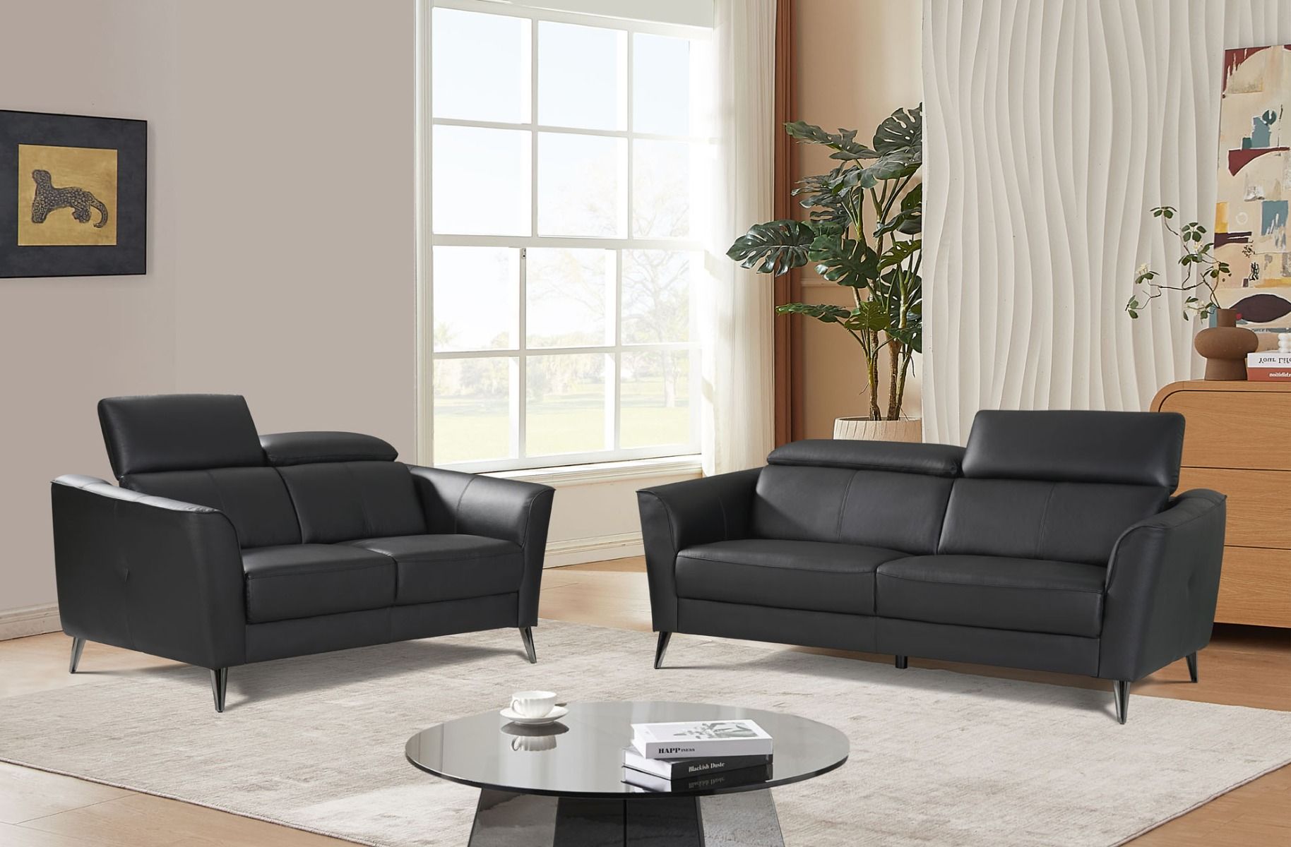 Plaza nahkasohvakalusto mustaa aitoa nahkaa 3+2