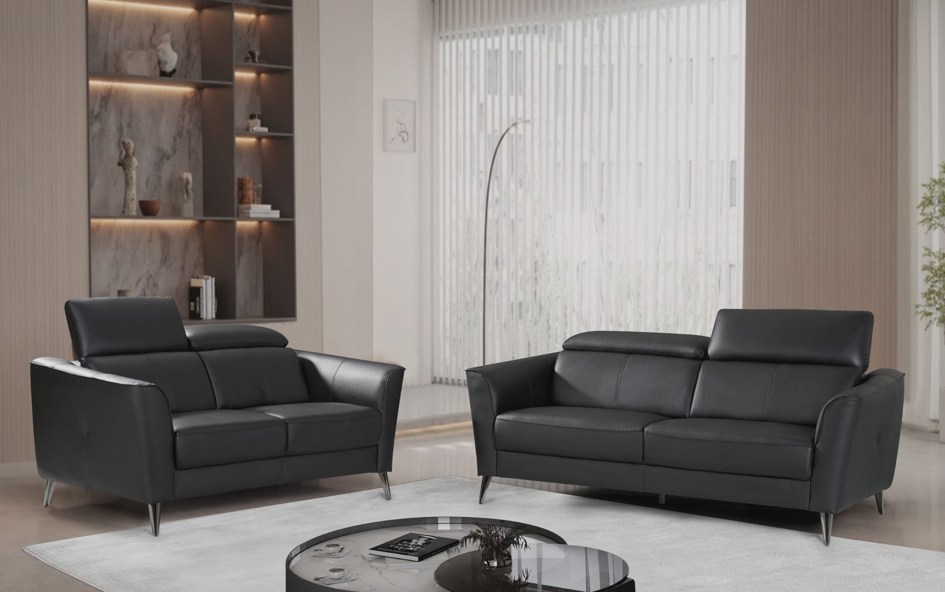 Plaza nahkasohvakalusto mustaa aitoa nahkaa 3+2