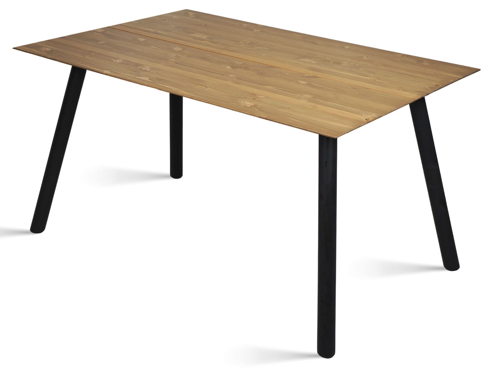 Neljän hengen ruokapöytä ruskealla kannella ja mustat jalat