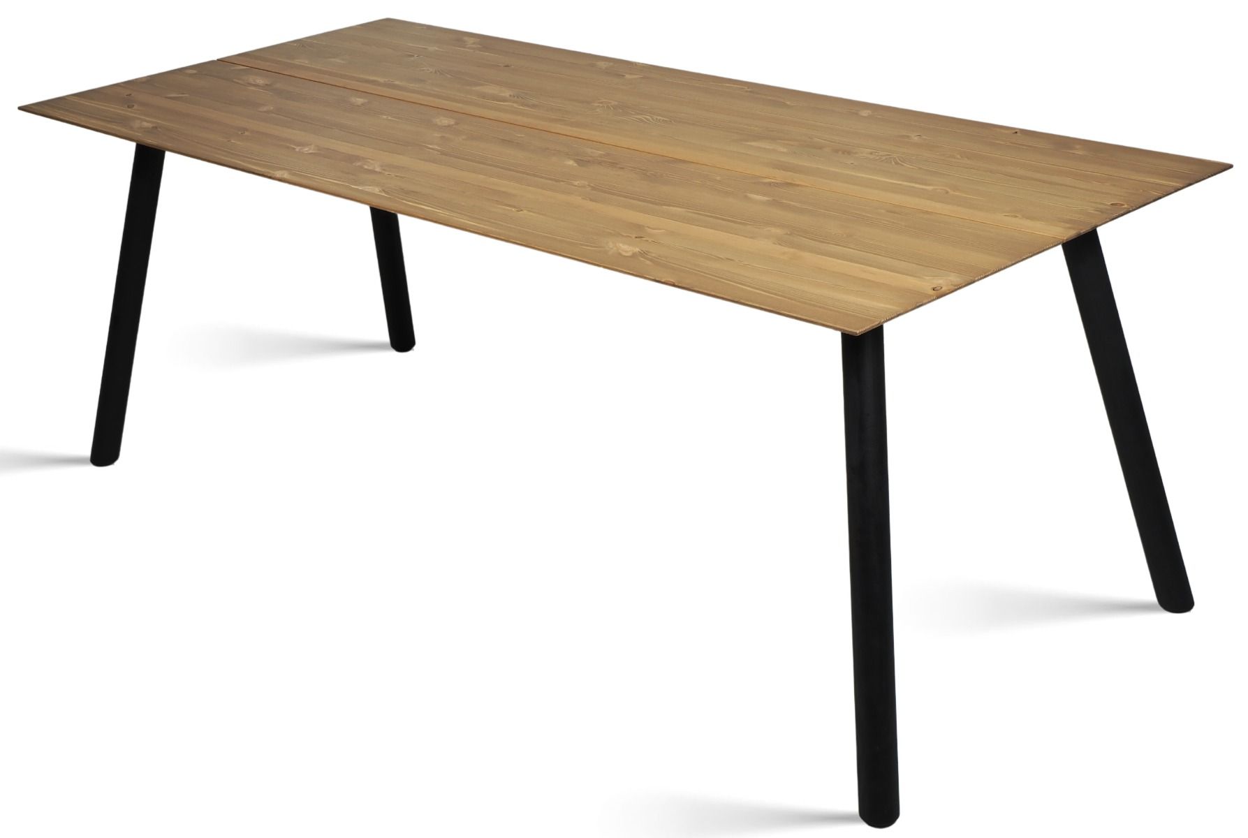 Ruskea kantinen ruokapöytä kuudelle henkilölle ja mustat jalat