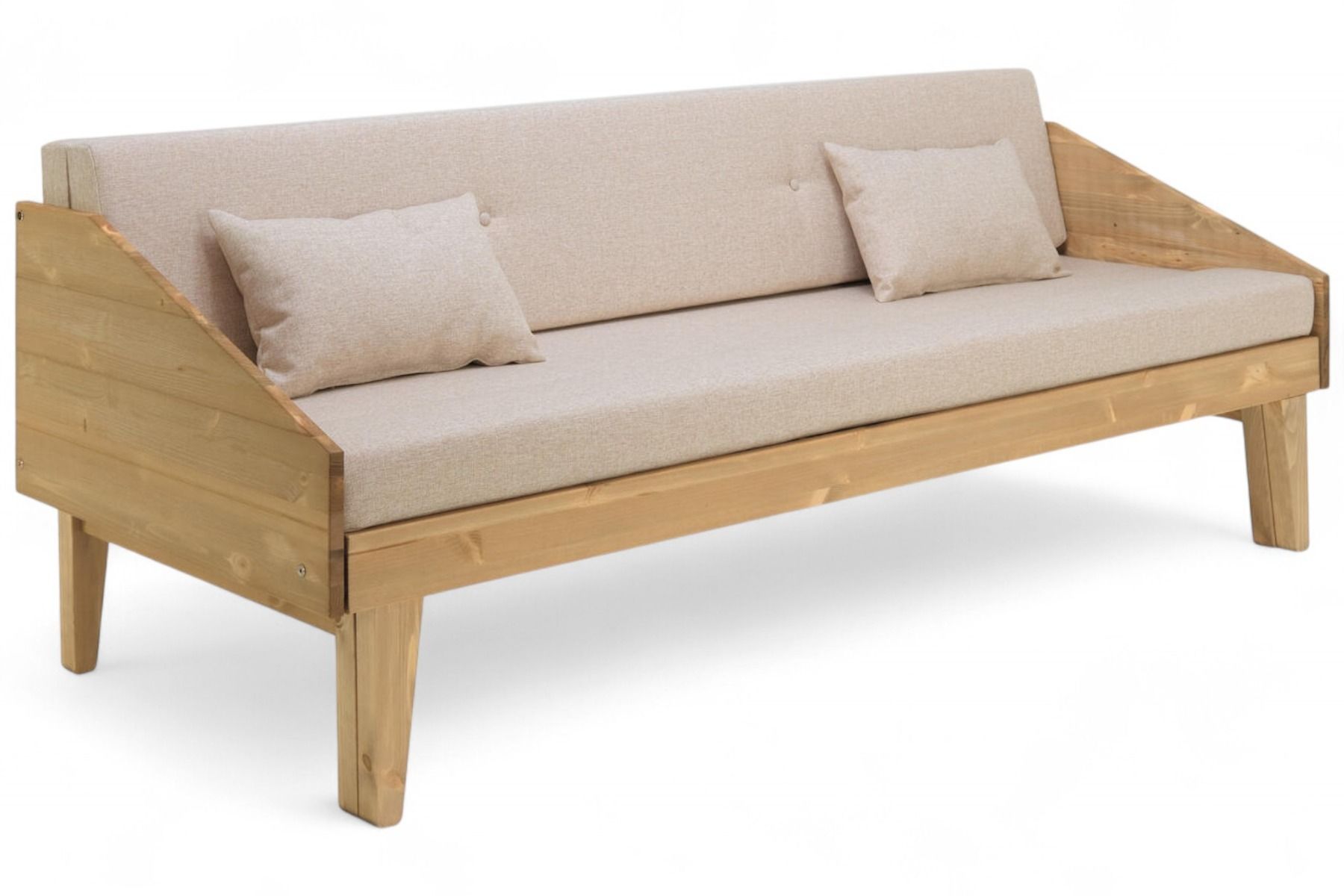 Retro laverisohva levitettävä ruskealla puurungolla ja beigellä patjasarjalla