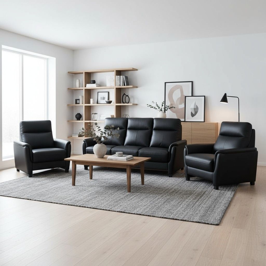 Tyylikäs nahkainen 3+1+1 sohvakalusto mustalla nahkaverhoilulla