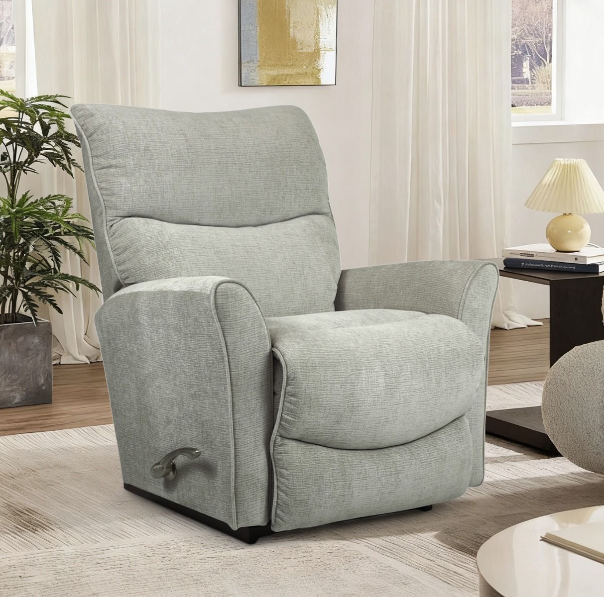 La-Z-Boy Rowan mekanismituoli harmaalla kangasverhoilulla tyylikkäässä olohuoneessa