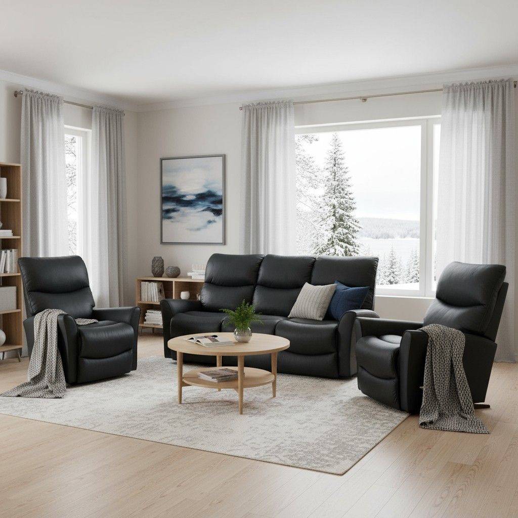 Musat nahkaverhoiltu La-Z-Boy Rowan mekanismisohvakalusto kuvattu olohuoneessa