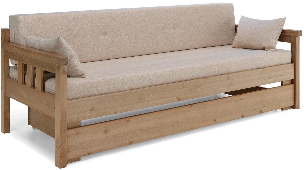 Levitettävä laverisohva ruskea jossa beiget tyynyt