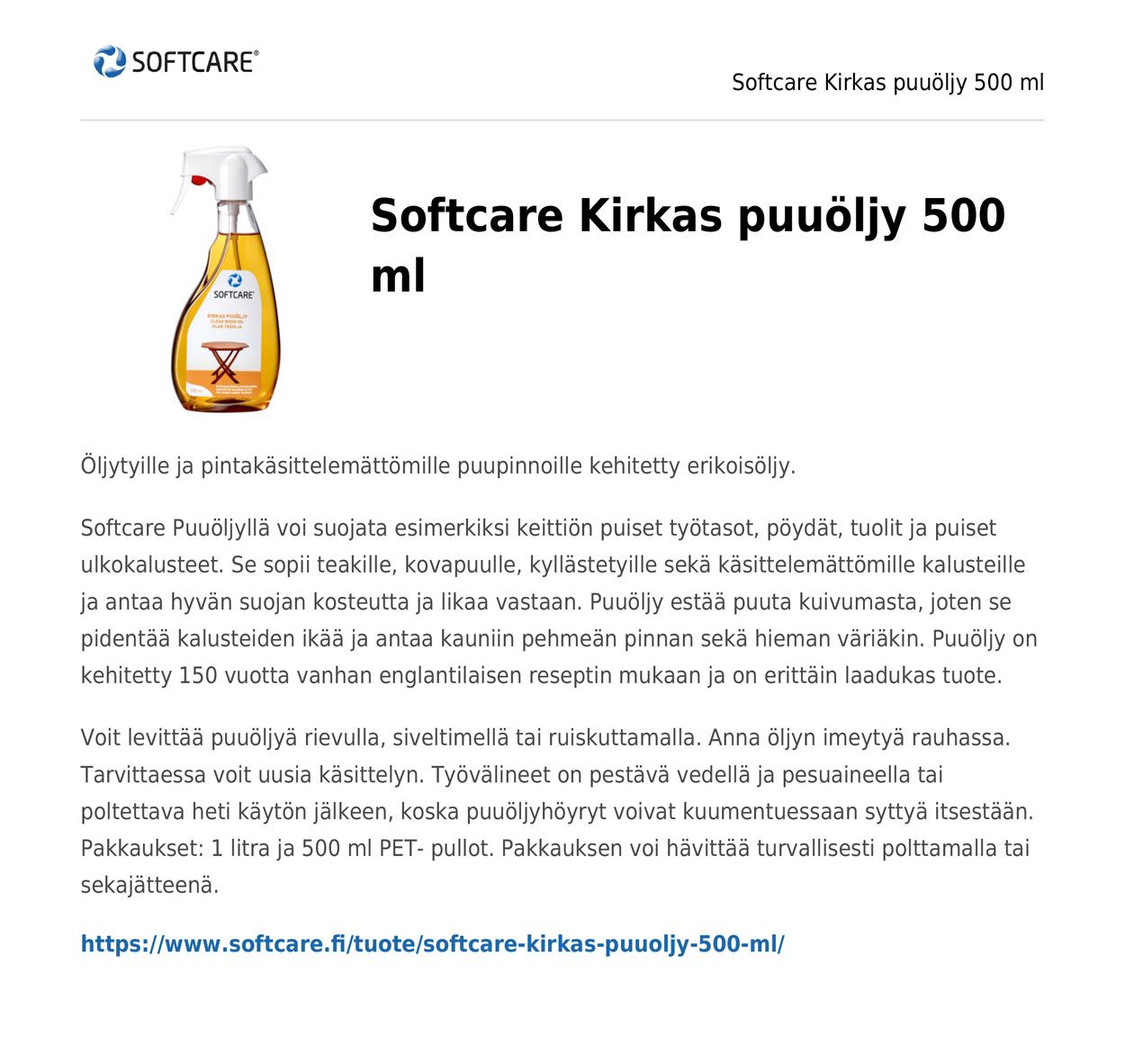 Softcare kirkas puuöljy