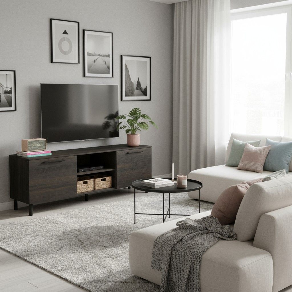 Solo TV-taso tummalla tammen värillä 166 cm leveänä ja avohyllyillä olohuoneessa kuvattuna