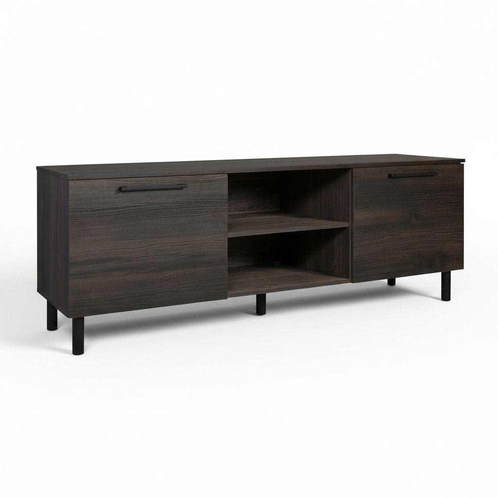 Solo TV-taso tummalla tammen värillä 166 cm leveänä ja avohyllyillä