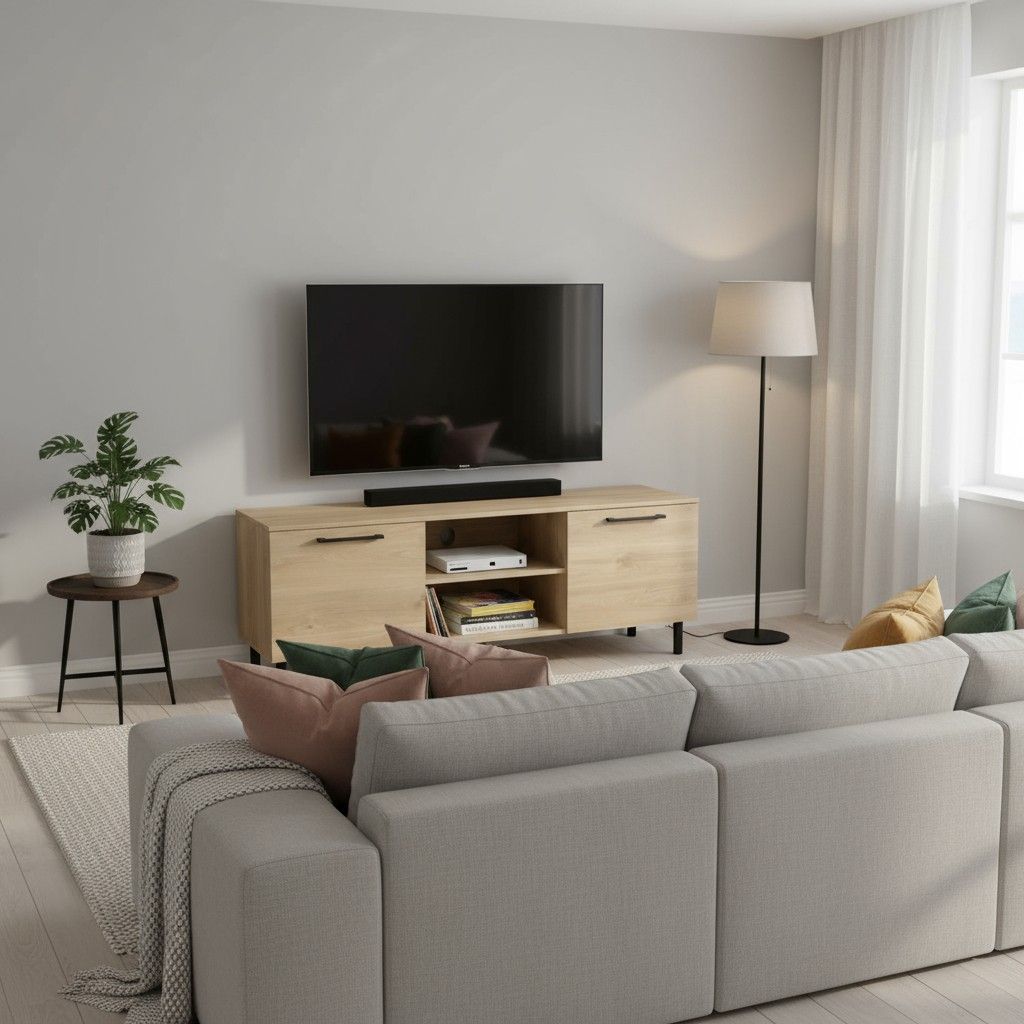 Tammen värinen Solo TV-taso mustilla vetimillä ja jaloilla