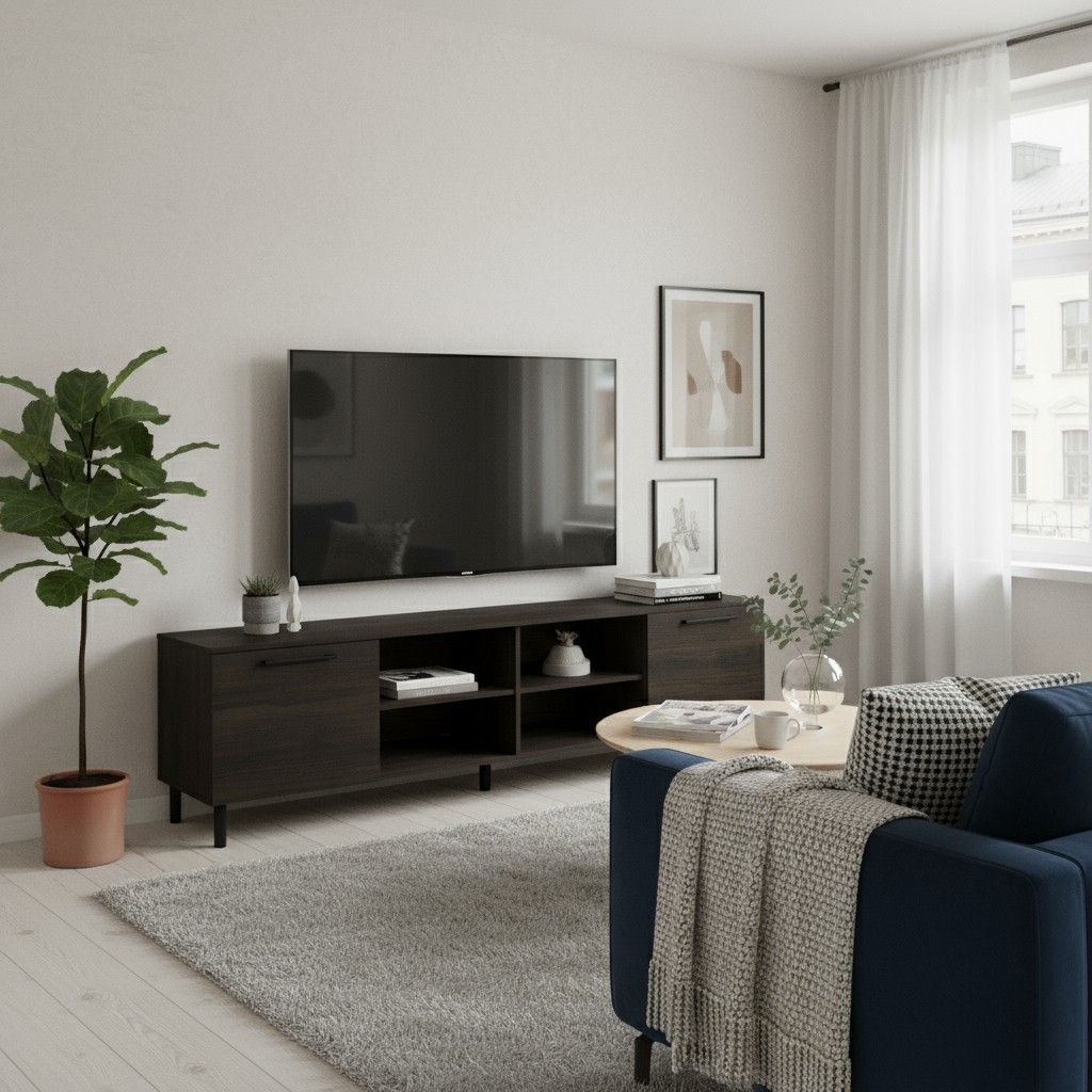 Solo TV-taso tummalla tammen värillä 220 cm leveänä kahdella ovella ja avohyllyillä kuvattuna olohuoneessa