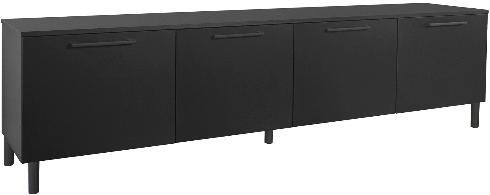 Musta leveä tv-taso, jossa on neljä ovea