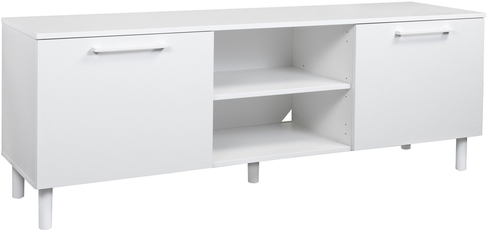 Valkoinen Solo TV-taso 165cm, jossa on valkoiset korkeat jalat