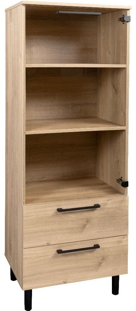 Tammen värinen Solo vitriini, jossa on lasiovi sekä kaksi vetolaatikkoa