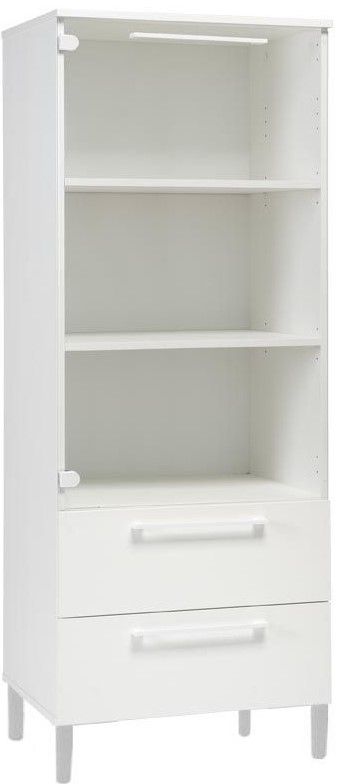 Valkoinen Solo vitriini lasiovella ja vetolaatikoilla