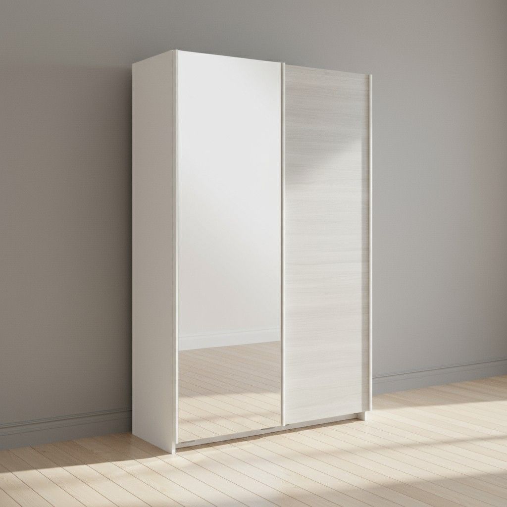 Hiipakka Stina liukuovikomero 120 cm leveä peiliovella ja harmaalla levyovella