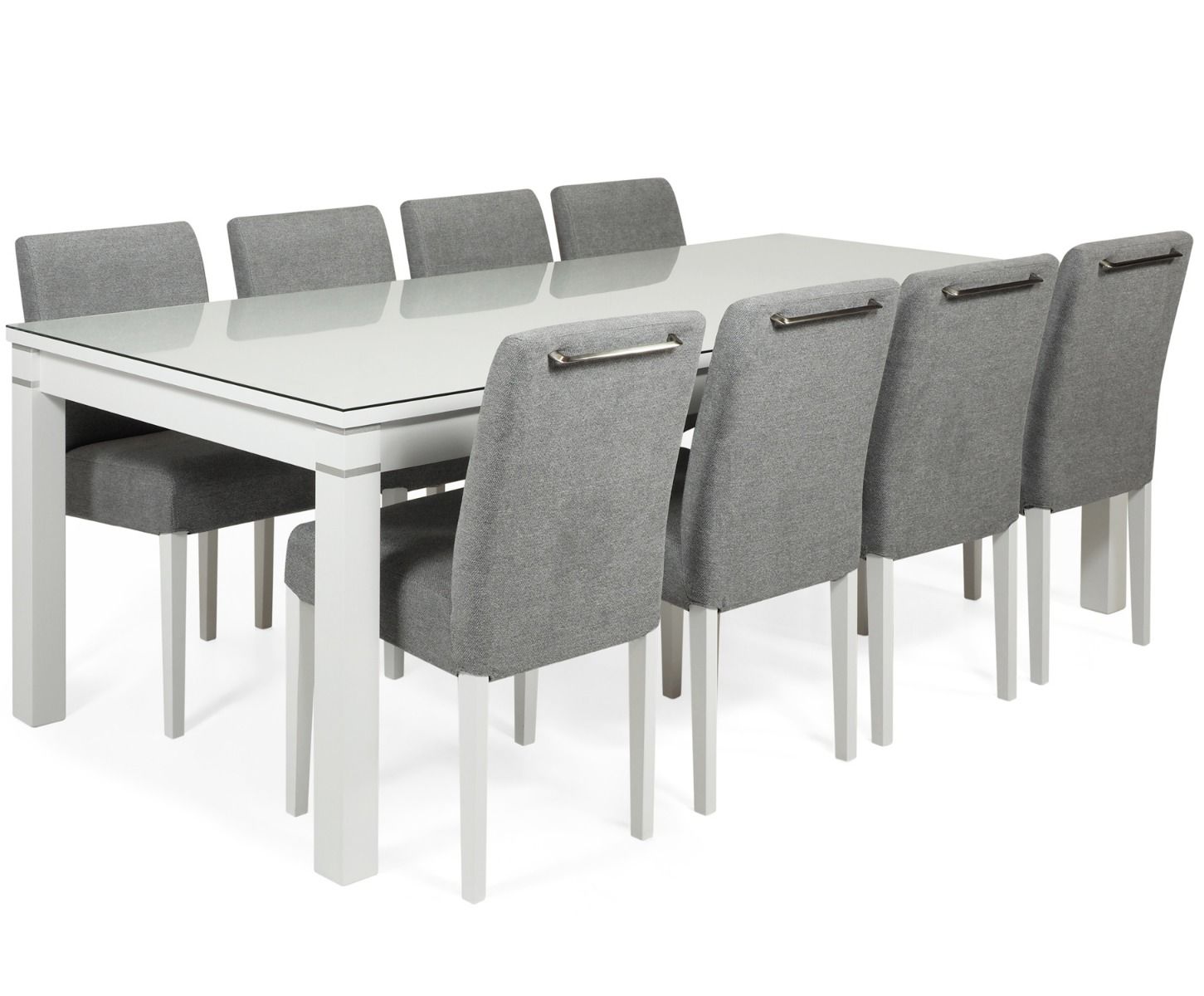 Tähkä ruokaryhmä kahdeksalle verhoilluilla harmailla tuoleilla ja lasikannella