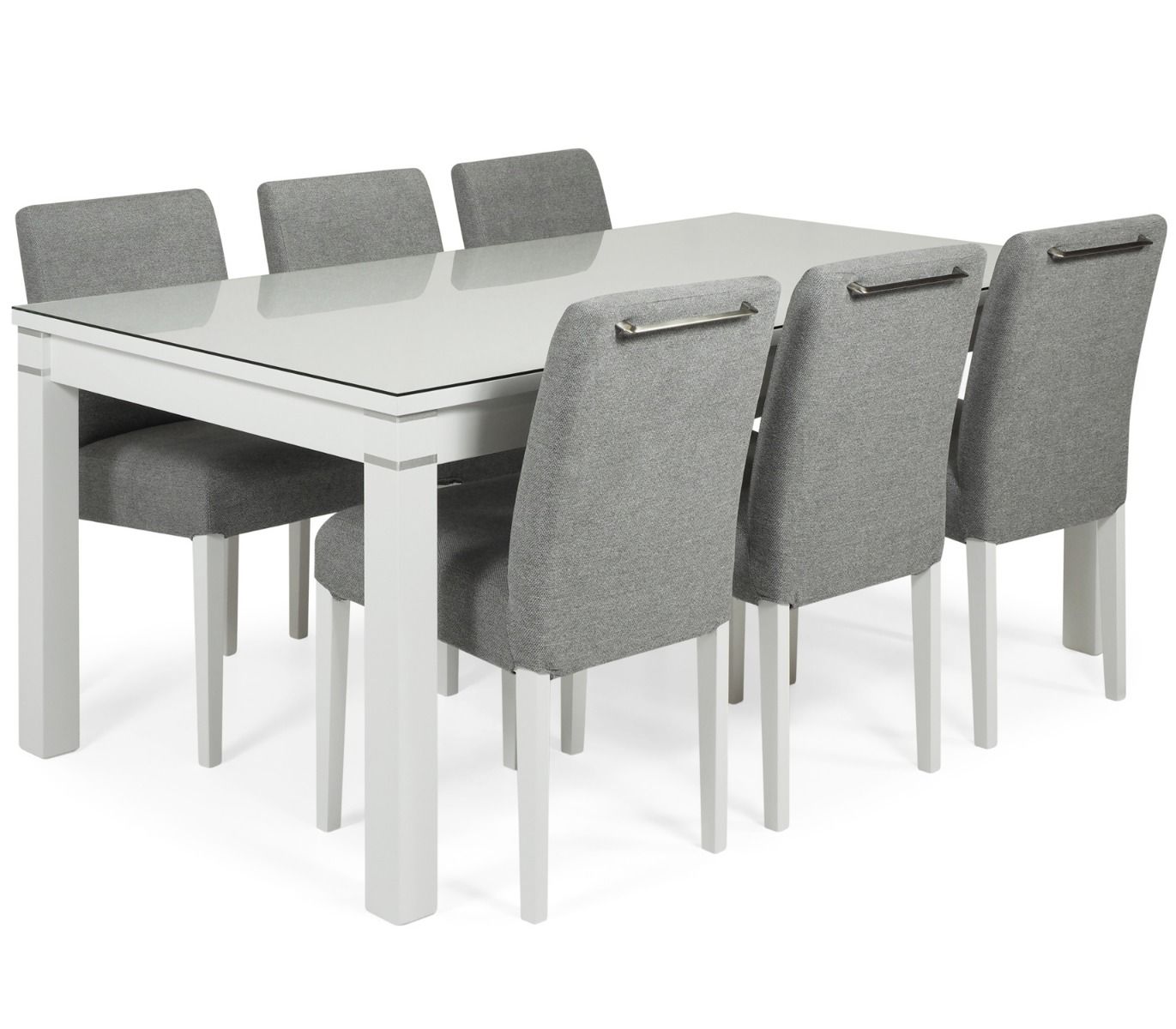 Tähkä ruokaryhmä kuudelle lasikannella ja verhoilluilla harmailla tuoleilla