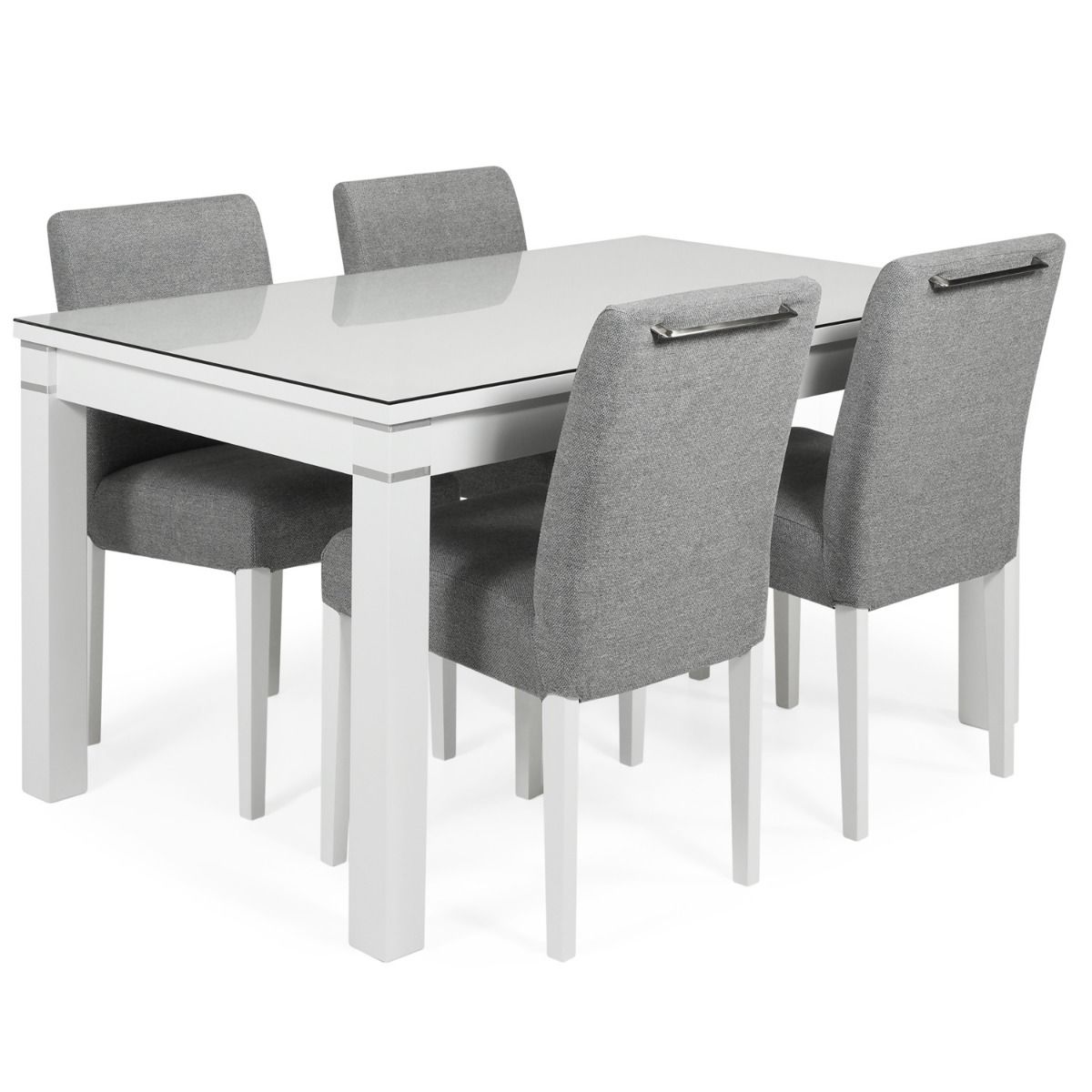 Tähkä ruokaryhmä neljälle verhoilluilla tuoleilla ja pöydän päällä lasikansi