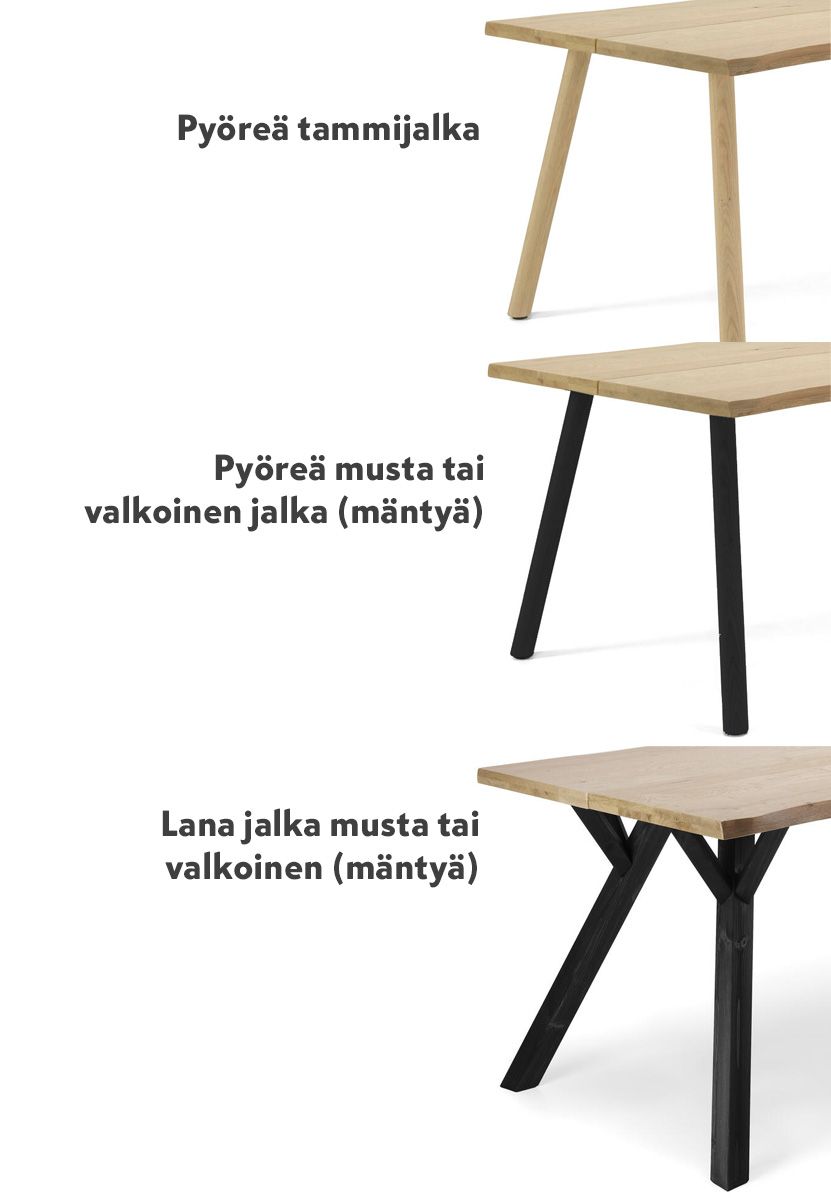 Lana tammi lankkupöytä puujaloilla, eri vaihtoehtoja