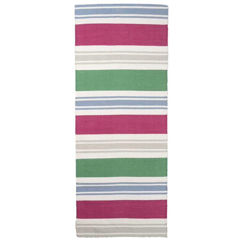 Tango pinkki puuvillamatto. raidallinen. matossa on myös harmaata, vihreää ja sinistä. maton paksuus on 8 mm.