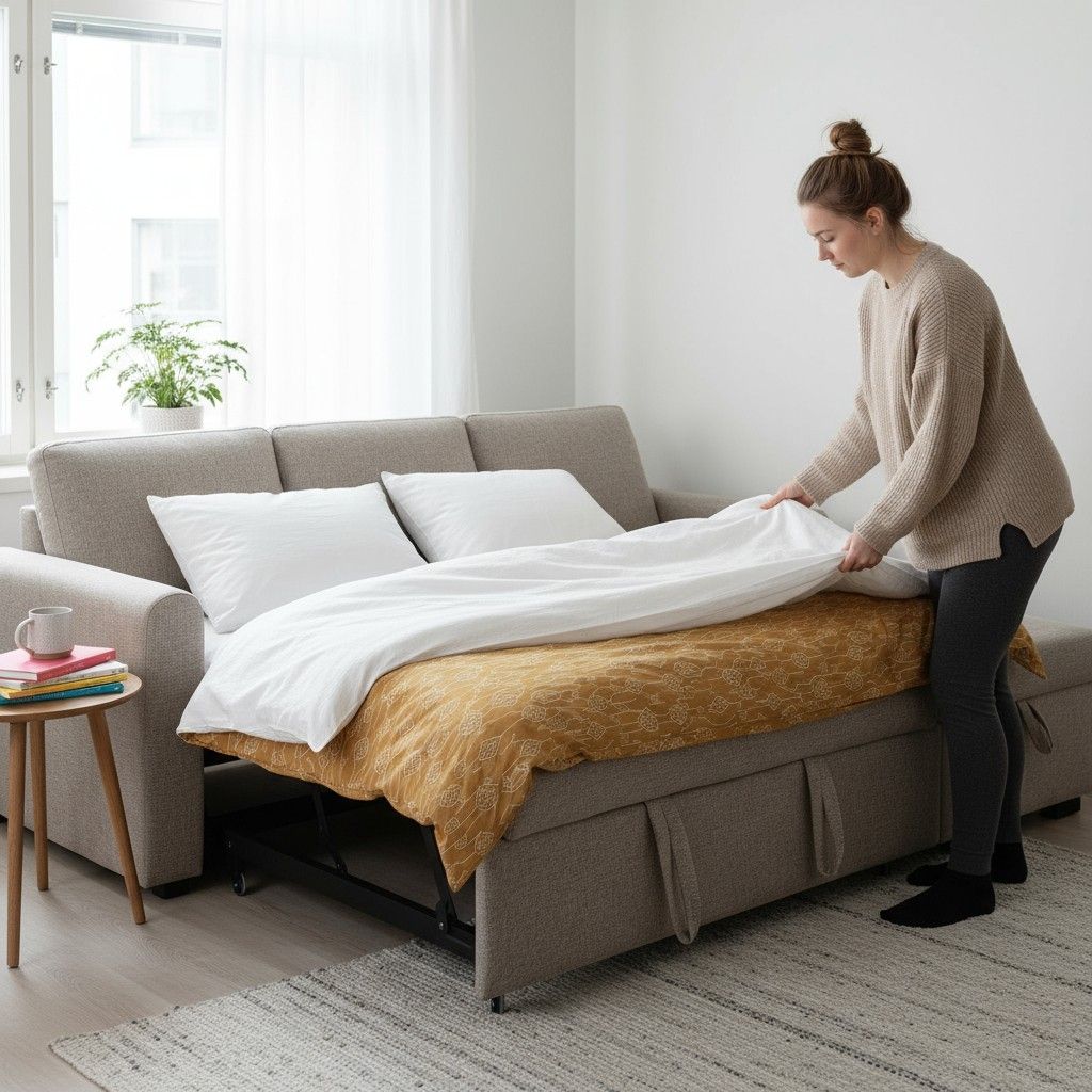 nainen petaa vuodesohvaa asunnossa