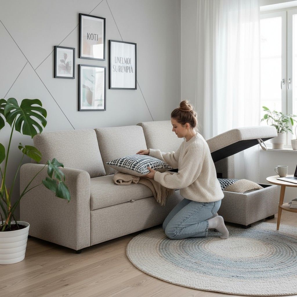 Nainen asettaa petivaatteita vuodesohvan sisälle