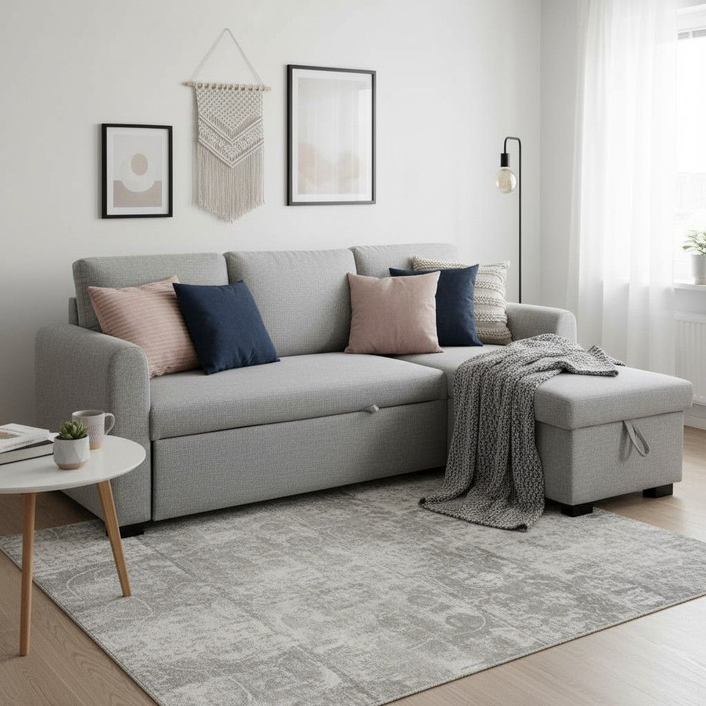 Vaaleanharmaa vuodedivaanisohva olohuoneessa