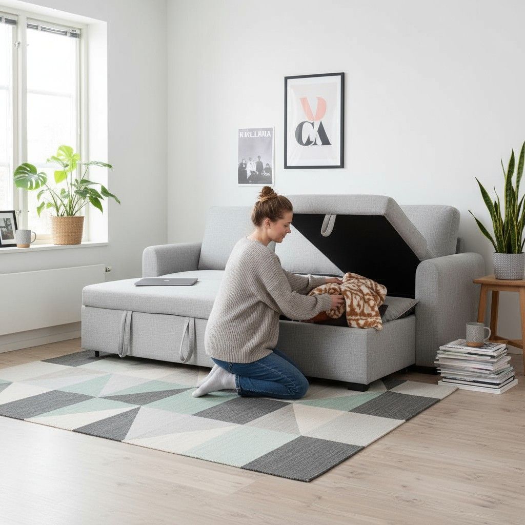 Topi vuodesohvassa on avattava säilytyslaatikko vuodevaatteille