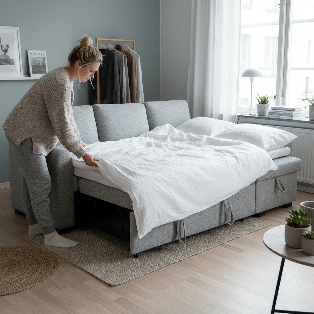 Naine petaa vuodesohvaa sängyksi