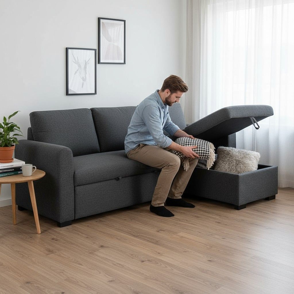 Mies asettaa vuodevaatteita vuodesohvan vuodevaatelaatikon sisälle