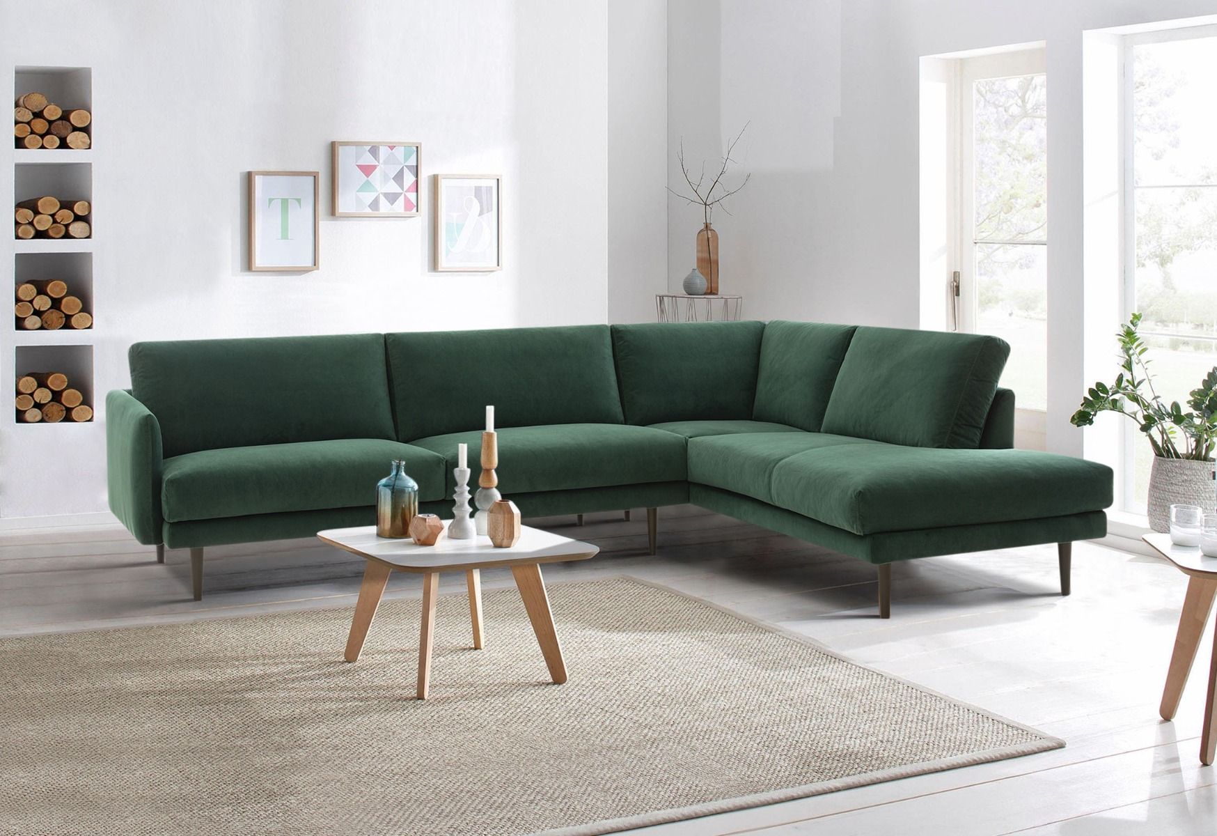 Neiser Toscana avokulmasohva vihreällä kangasverhoilulla