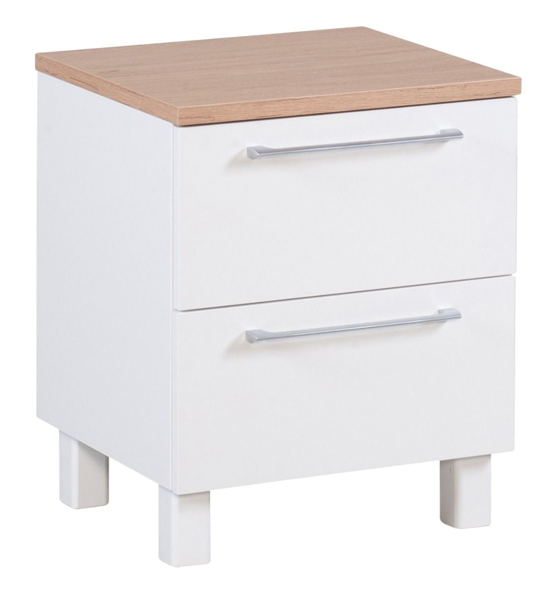 Touko laatikosto/yöpöytä, valkoisella rungolla ja tammen värisellä kannella. Leveys 45cm. Kaksi vetolaatikkoa.