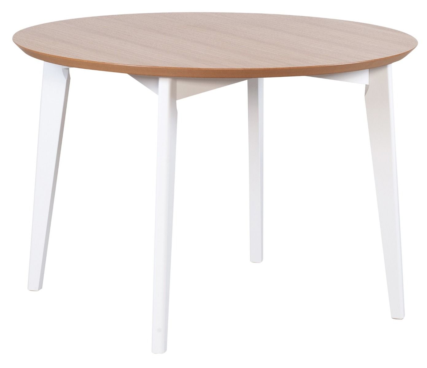 Pöyreä Touko ruokapöytä, halkaisija 110cm. Kansi tammiviilua, jalat valkoiseksi maalattua koivua. Neljällä tolppajalalla.