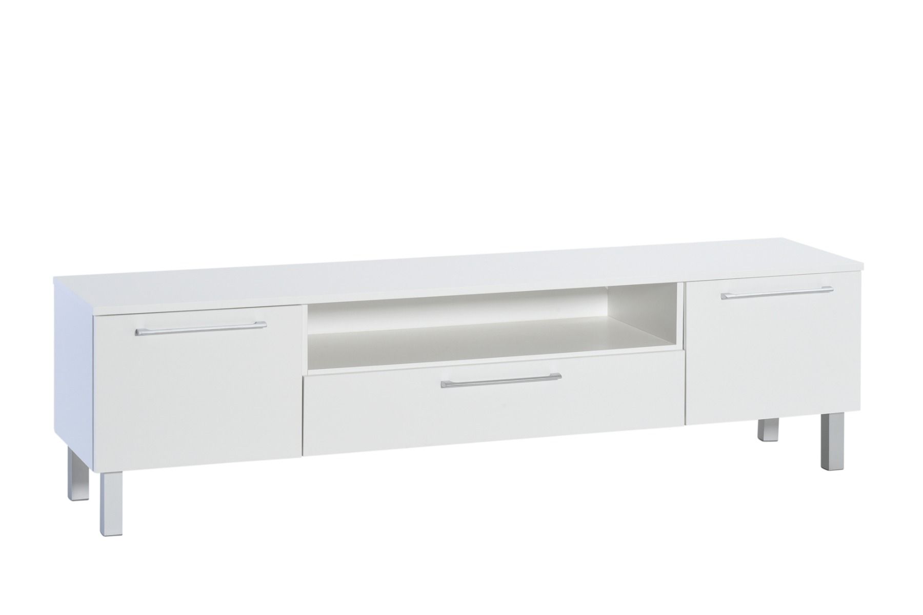 180cm leveä tv-taso valkoisena. Tv-tasossa ovelliset kaapit sivuilla sekä avohylly sekä leveä vetolaatikko.