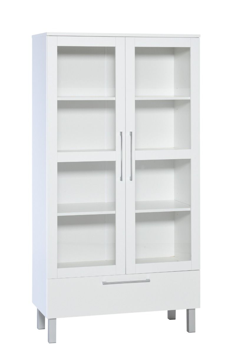 Touko vitriini kirkaslasiovilla sekä valkoisella rungolla. Ovien alla leveä vetolaatikko.