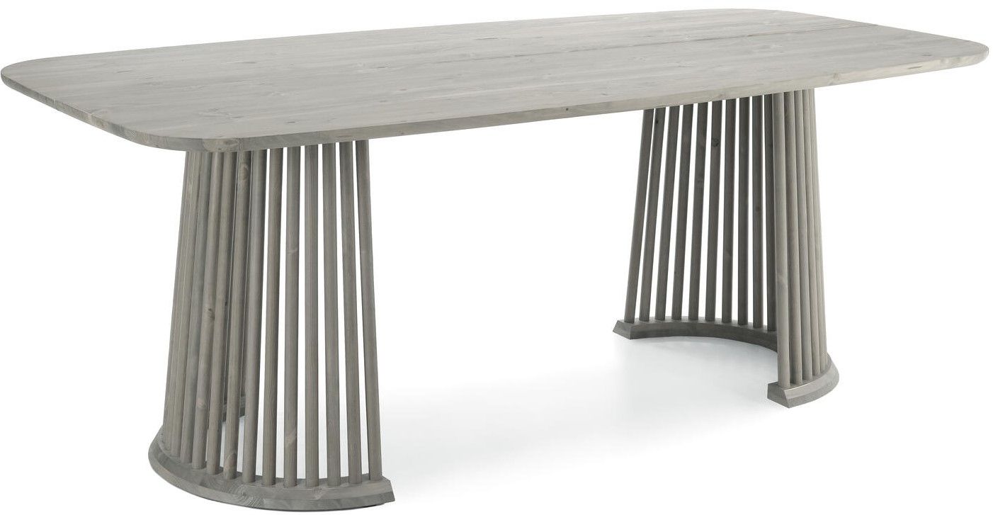 Tyyni ruokapöytä 97x200 pyöreällä rimajalalla mäntyä vaaleanharmaana