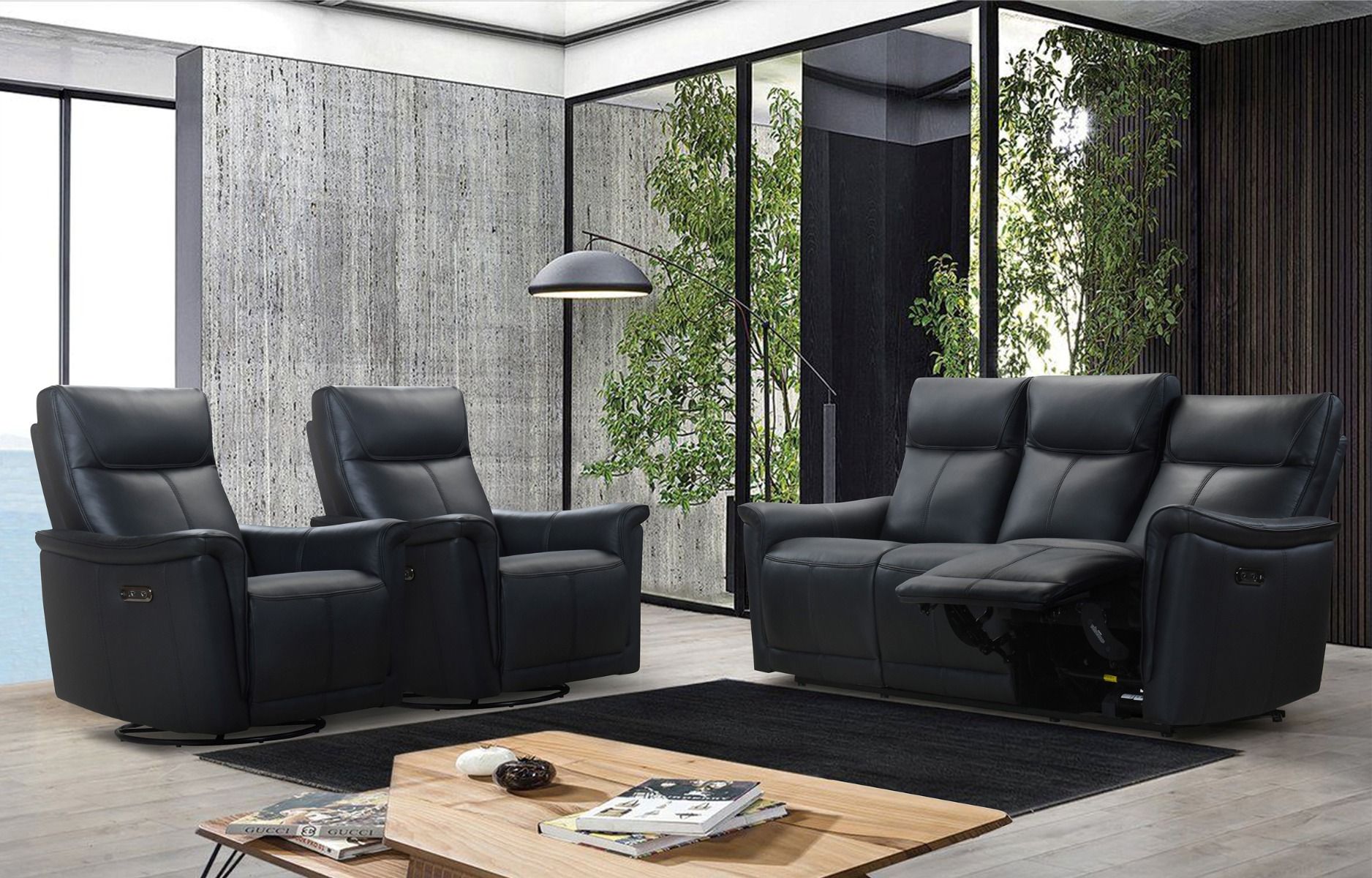 Musta nahkasohvakalusto 3+1+1 jossa on mekanismit