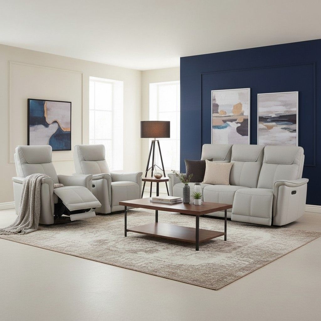 Valencia 3+1+1 vaaleanharmaa nahkasohvakalusto sähkömekanismeillä