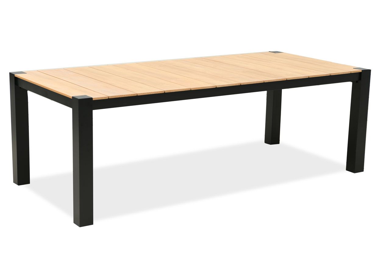100% säänkestävä Valencia puutarhapöytä 100x220cm, puunvärinen nonwood-kansi ja mustat metallijalat