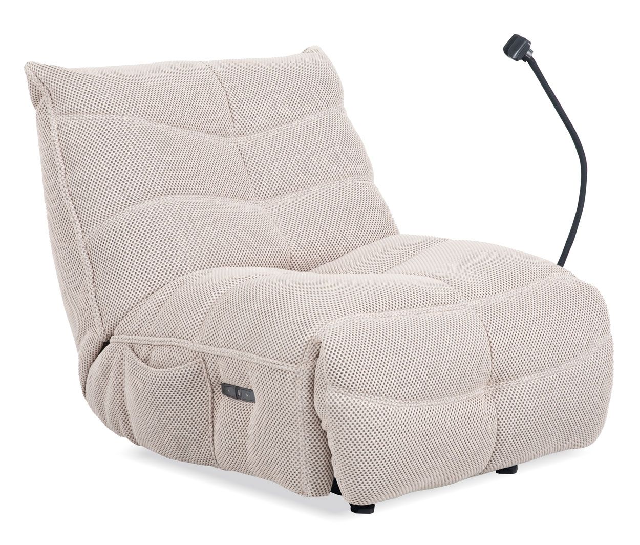 Sähkösäätöinen muhkea kangasverhoiltu elokuvatuoli puhelintelineellä ja sähkösäätöisellä selkänoja- ja jalkaosamekanismilla