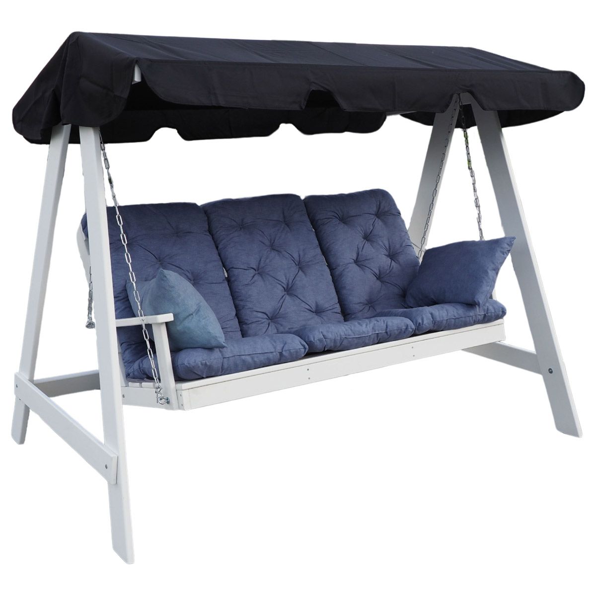 Valkoinen Venta puutarhakeinu mustalla katolla ja sinisillä pehmusteilla