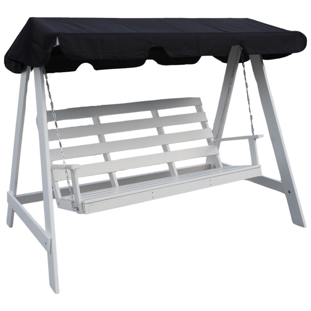 Valkoinen Venta puutarhakeinu mustalla katolla