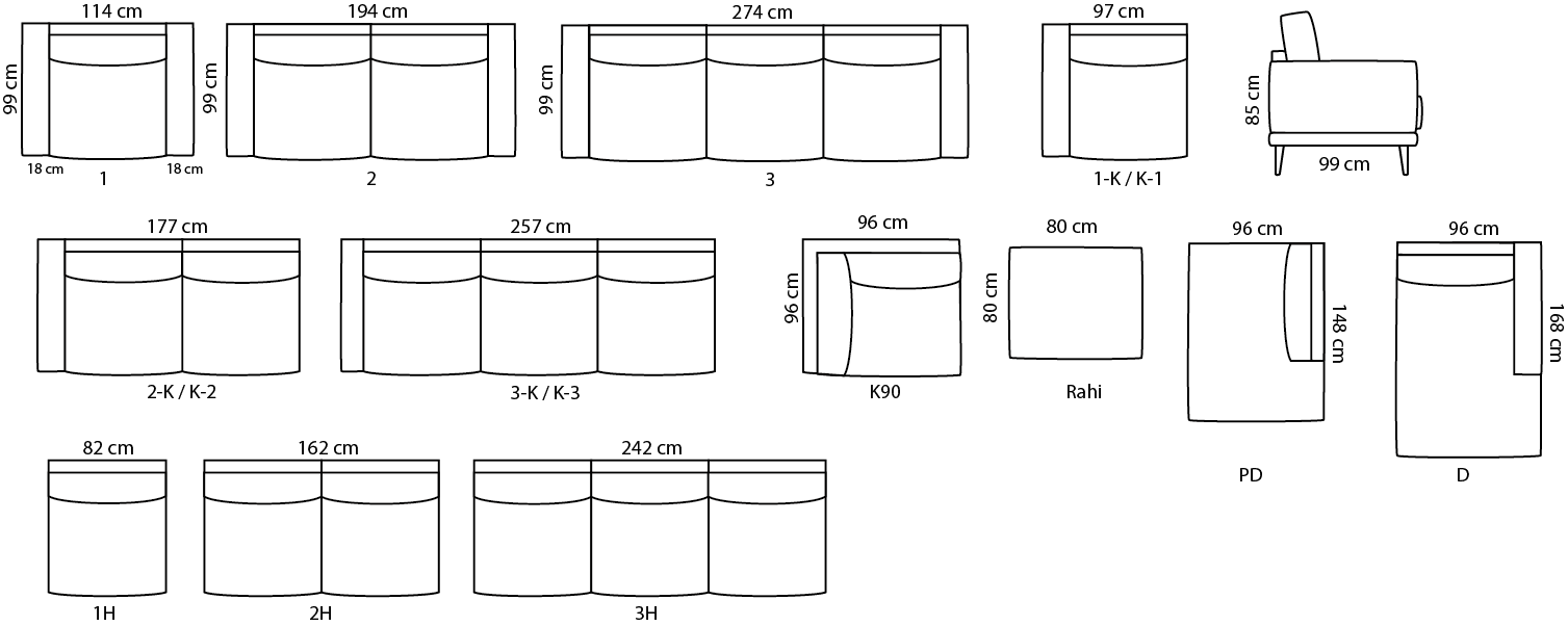 Unico Viivi U-kulmasohva, eri värivaihtoehtoja