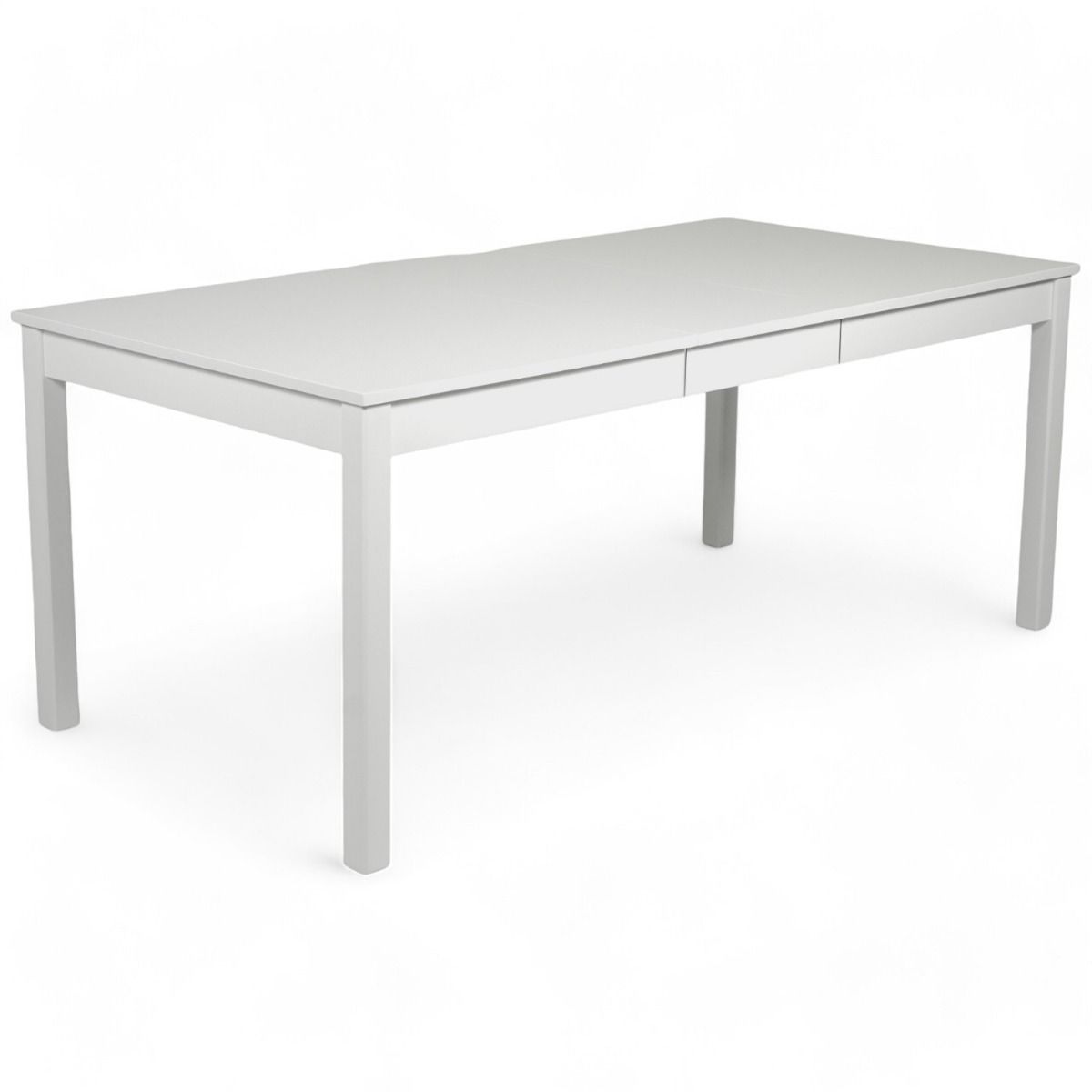 Vilja jatkettava ruokapöytä valkoinen. Kuvassa on jatkopala asennettuna pöytään eli se on kuuden hengen pöytä