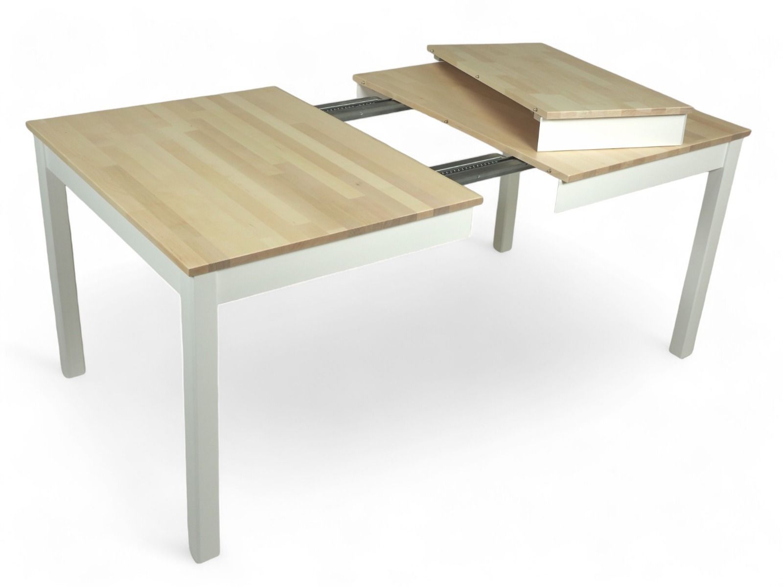 jatkettava ruokapöytä, jonka jatkopala on pöydän päällä.